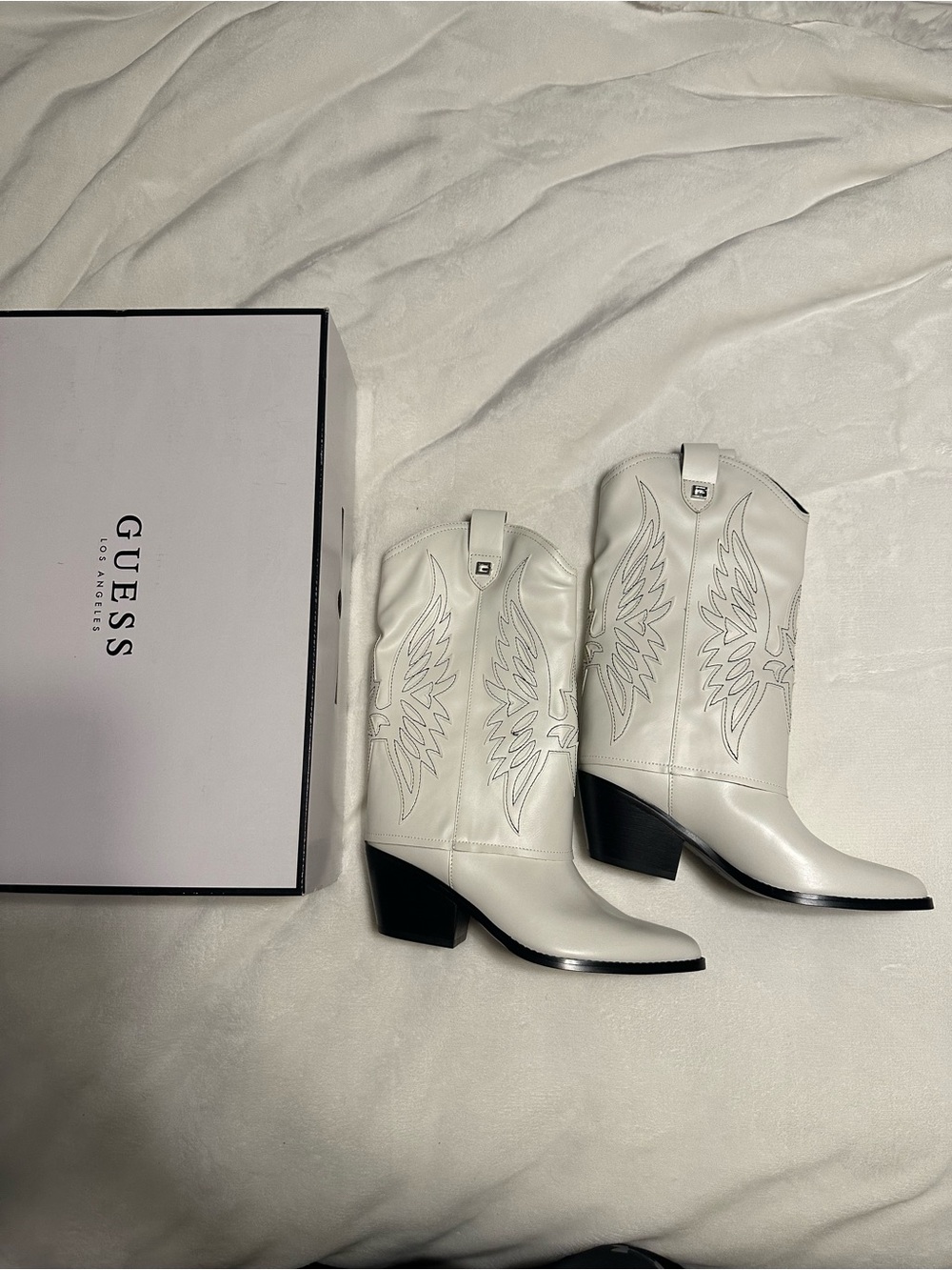 GUESS White Embroidered Western Mid-Calf Heeled Boots